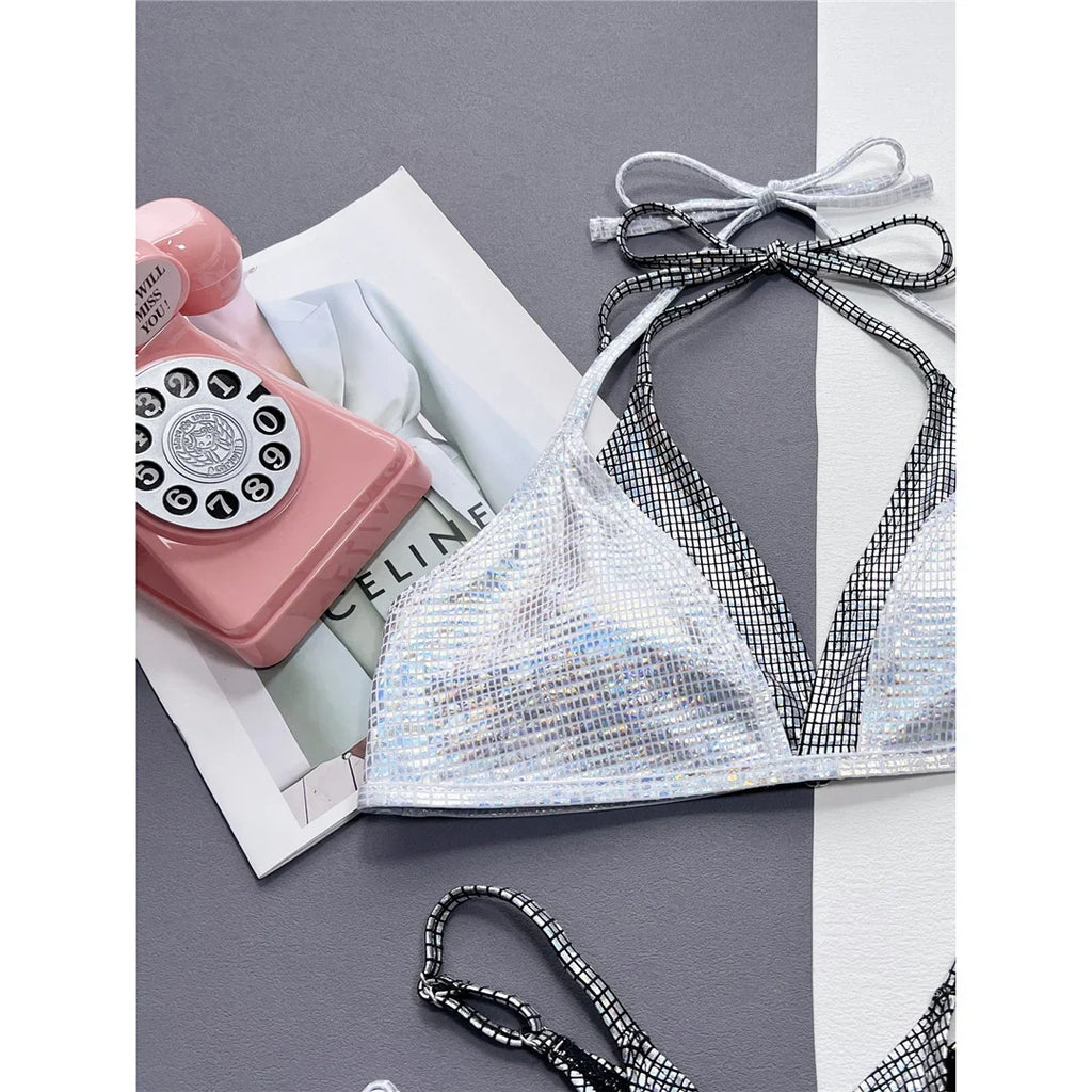 Shiny Sequin Splicing Halter High Cut Bikini Women Swimwear Female Swimsuit Two-Pieces Bikini Set Bather Bathing Suit Swim V4609
