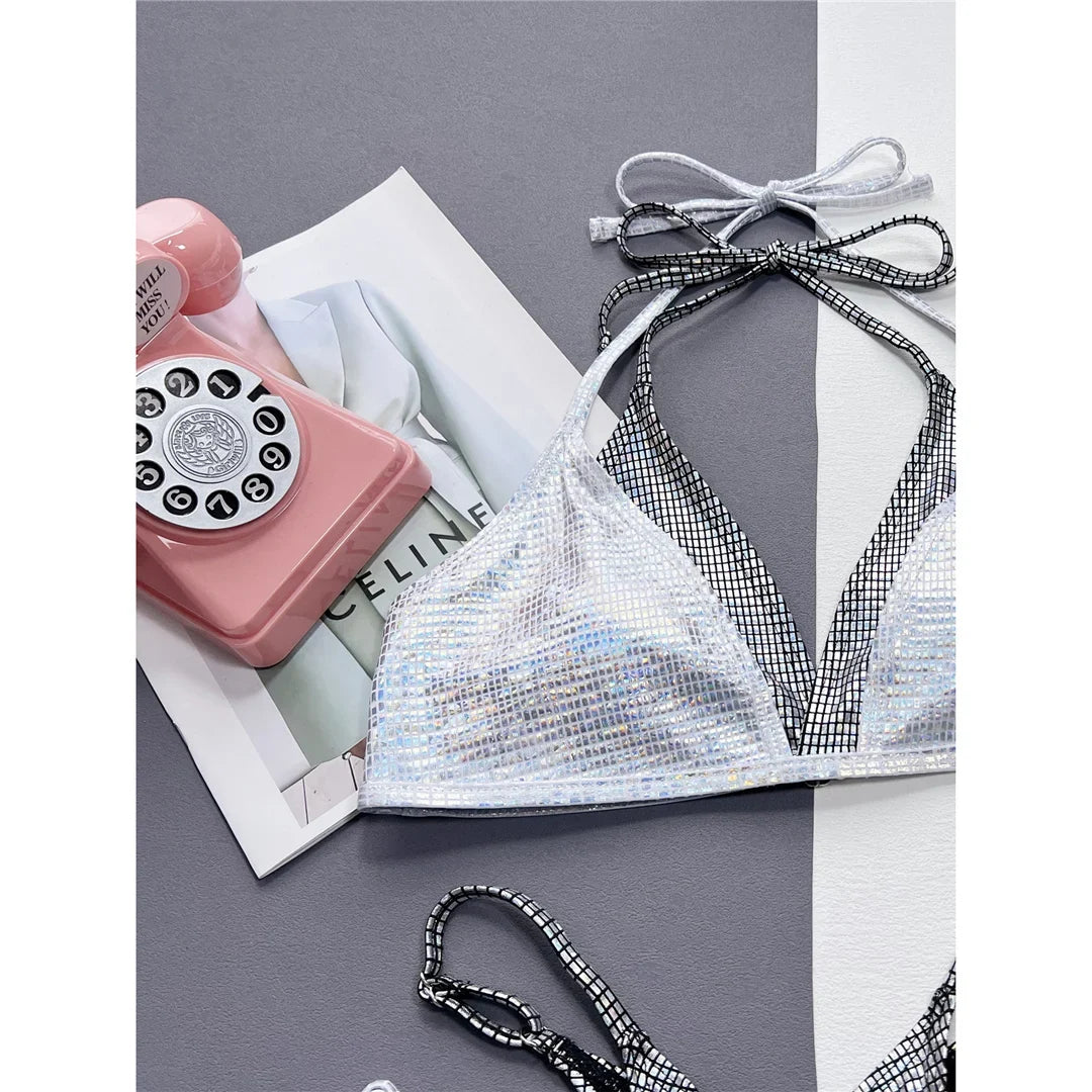 Shiny Sequin Splicing Halter High Cut Bikini Women Swimwear Female Swimsuit Two-Pieces Bikini Set Bather Bathing Suit Swim V4609