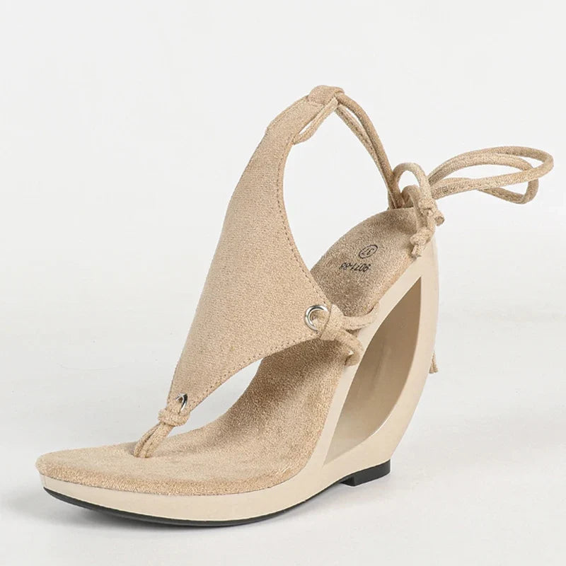 Strange Style Hollow Wedge Sandals Women Summer Platform Clip Open Toe Ankle Cross Strap Pink High Heels Party Prom Shoes