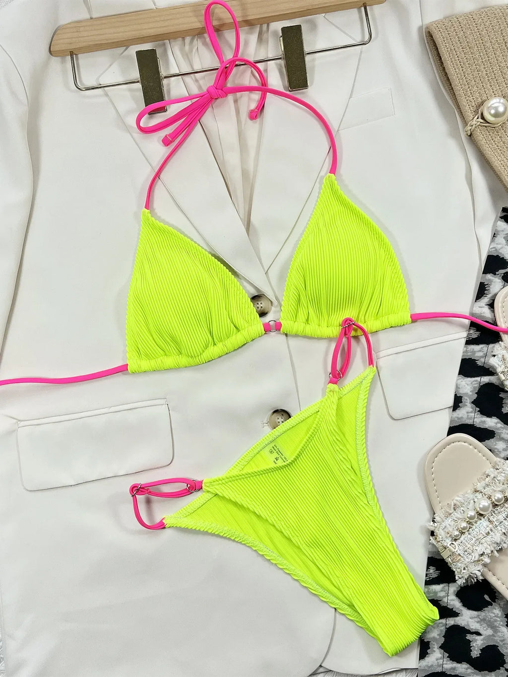 3 Colors Sexy Bikini Solid Pit Striped Swimwear Swimsuit Women Halter Bikinis Set Bathing Suit Beach Bikini Female Bikinis Mujer