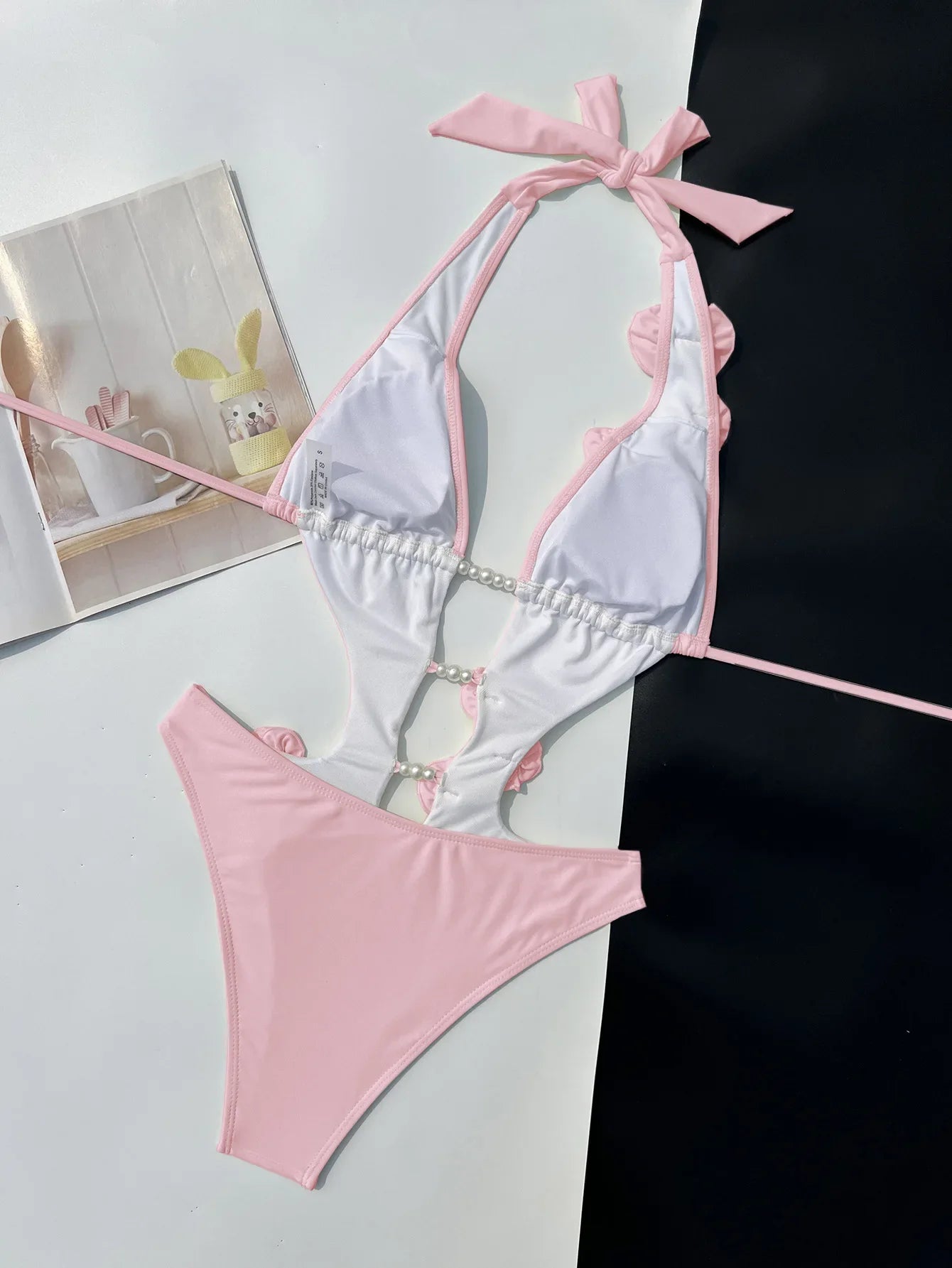 Sexy Pearls 3D Flower Swimwear Women 2026 Red Hollow Out Bandage Backless Thong Bikini Bathing Suit One Piece Swimsuit Monokini