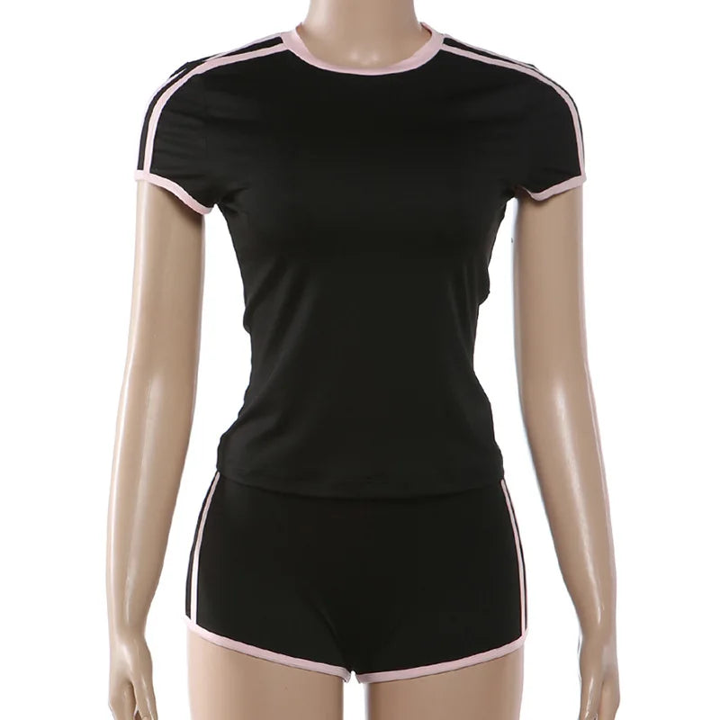2026 New Women's Sexy Hot Girl Slim Fit Crop Top Shorts Set Solid Color Block High Waist Shorts Two Piece Outfit