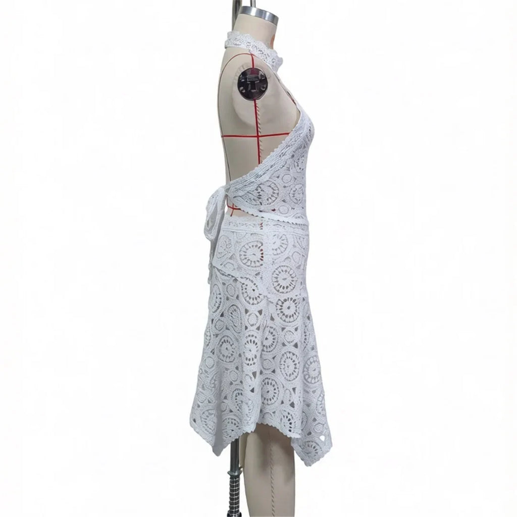 New Hollow Out Crochet Knitted 2 Pieces Suits Tunic Beach Cover Up Cover-ups Beach Dress Beach Wear Beachwear Female Women V8391