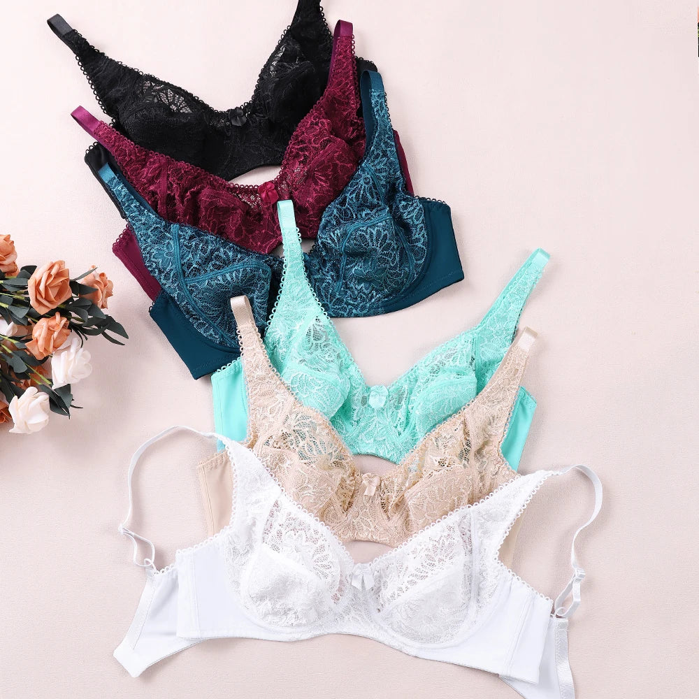 Sexy Womens Bras Ultra-Thin Perspective Deep V Lace Sheer Plus Size Bra Female Underwear Lingerie BH Tops D E F Cup
