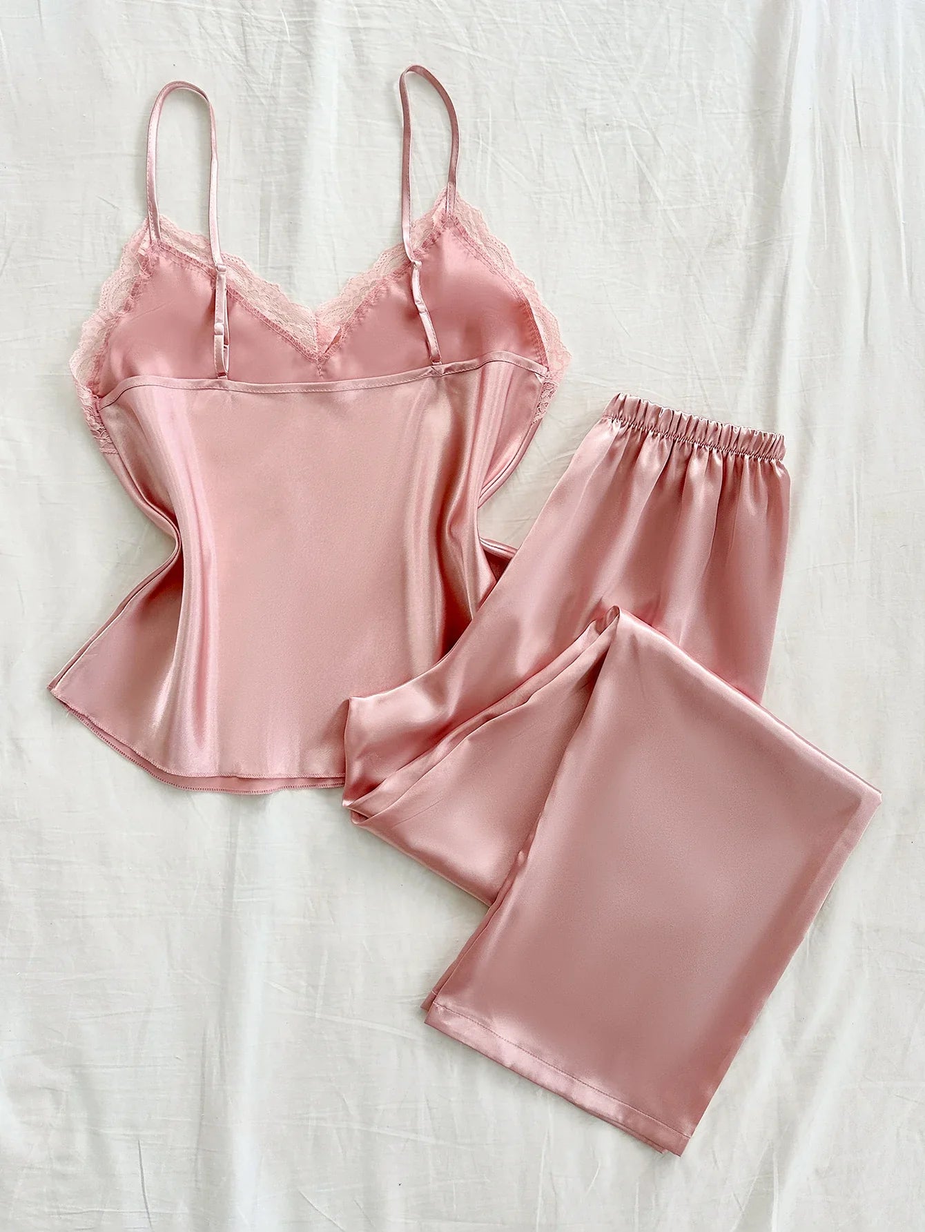 Two Piece Women's Pajamas Set with V Neck Lace Design Top Long Pants Fashionable And Comfortable For Spring And Summer Seasons