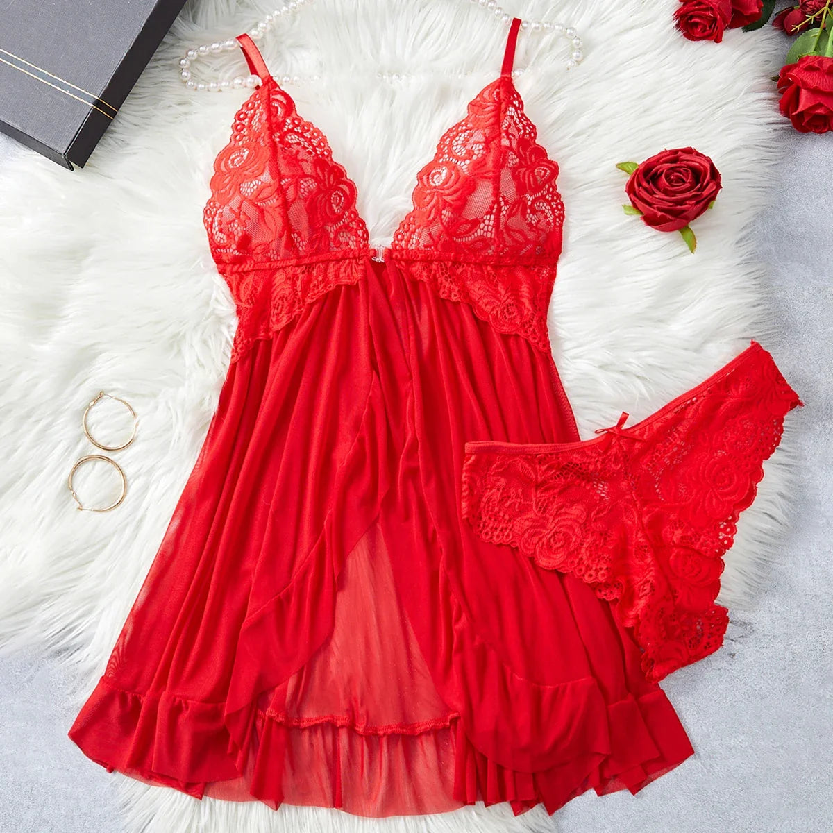 Transparent Blue Lingerie Women Underwear Sleepwear Lace Nightdress And Panties Pijamas Set Female Nighty