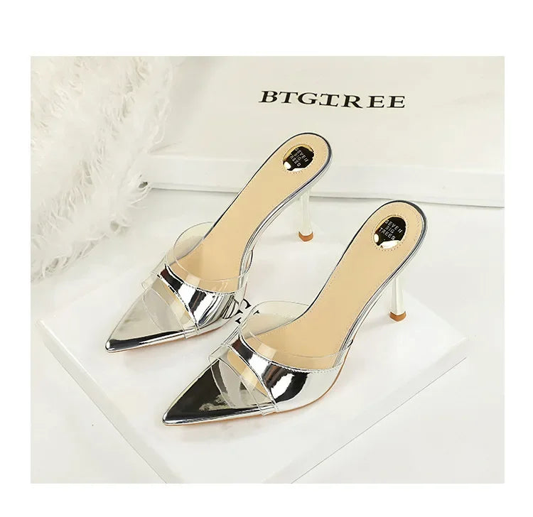 BIGTREE Shoes Women PVC Transparent Shoes for Women Sexy Pointed Open Toe Shallow Slider Slippers Ladies Sandal High Heels Mules