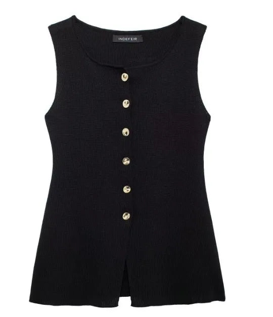 Women's Sleeveless Knit Top With Metal Buttons White Sleeveless Button Down Vest And Maxi Skirt Two Piece Set For Women S7XY