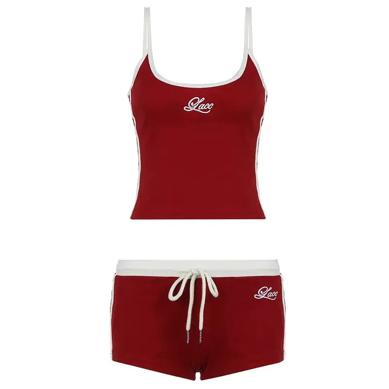 Sports and leisure two-piece camisole sports vest lace-up shorts set