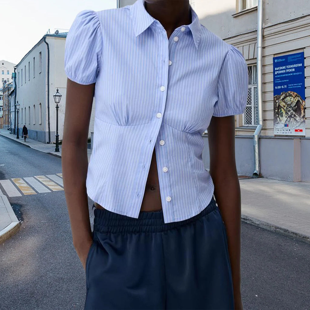 Chic Solid Color/Striped Print Button Down Tops Women Puff Sleeve Lapel Collar Slim Fit Shirts Summer Blouses