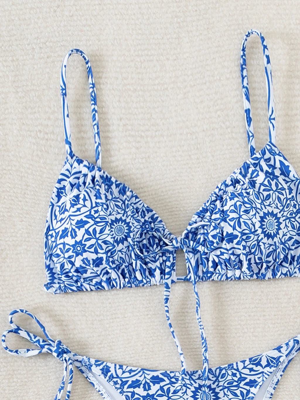 Sexy Floral Print Micro Bikinis Sets Two Pieces Blue Porcelain Swimwear Drawstring Swimsuit Women Biquini Thong Bathing Suits