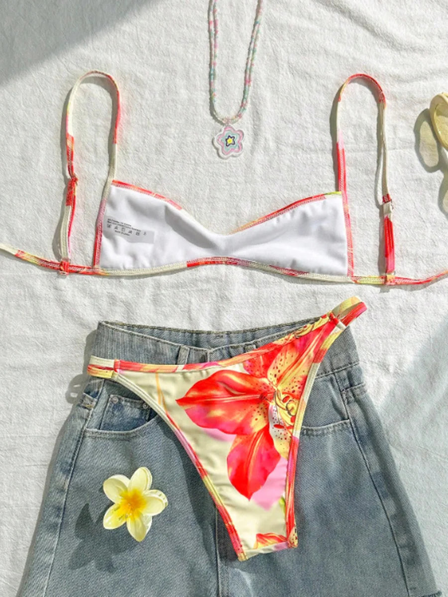 XS - XL Flowers Printed High Cut Bikini Women Swimsuit Female Swimwear Two-pieces Bikini Set Bather Bathing Suit Swim Beach Wear