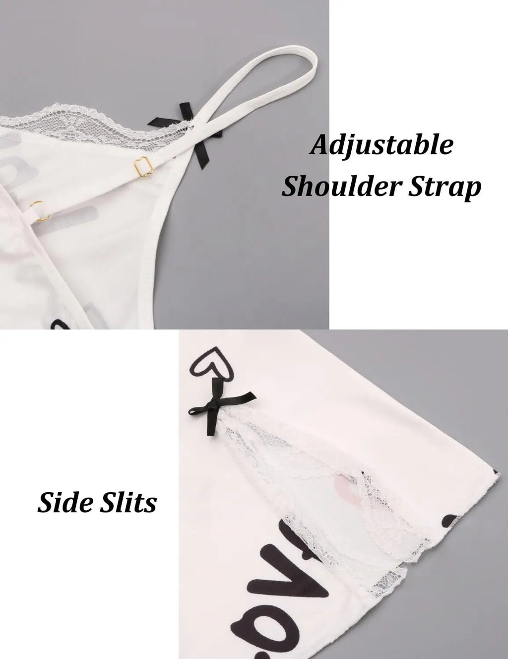 New Sexy Black Nightgown for Women Red Heart  Love Print Satin Lace Trim Mini Chemise Adjustable Spaghetti Strap Lingerie