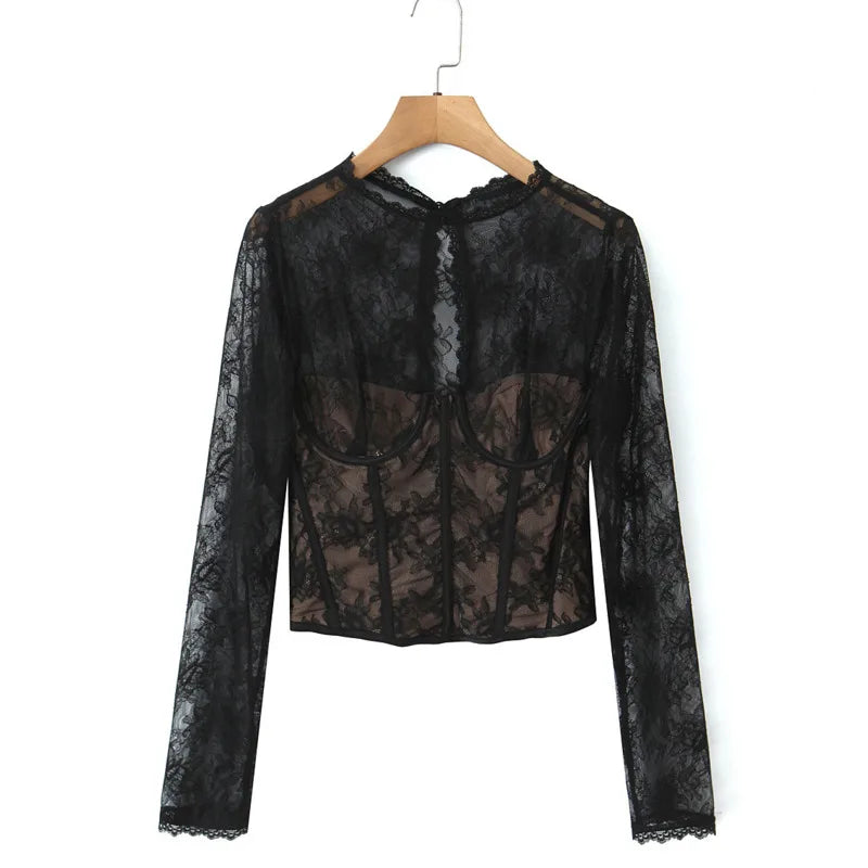 Pure Desire Sexy Sheer Crochet Lace Base Shirt Waist-Tightening Top T-Shirt For Woman Transparent Mesh Casual T-Shirt Charm ADSE