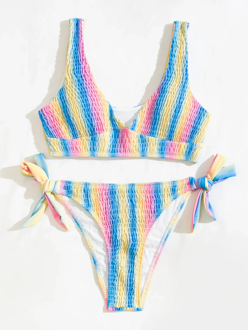 2026 New Sexy Bikini Women Rainbow Stripe Pleated Swimwear Swimsuit Knotted Bikinis Set Bathing Suit Beach Bikini Female Push Up