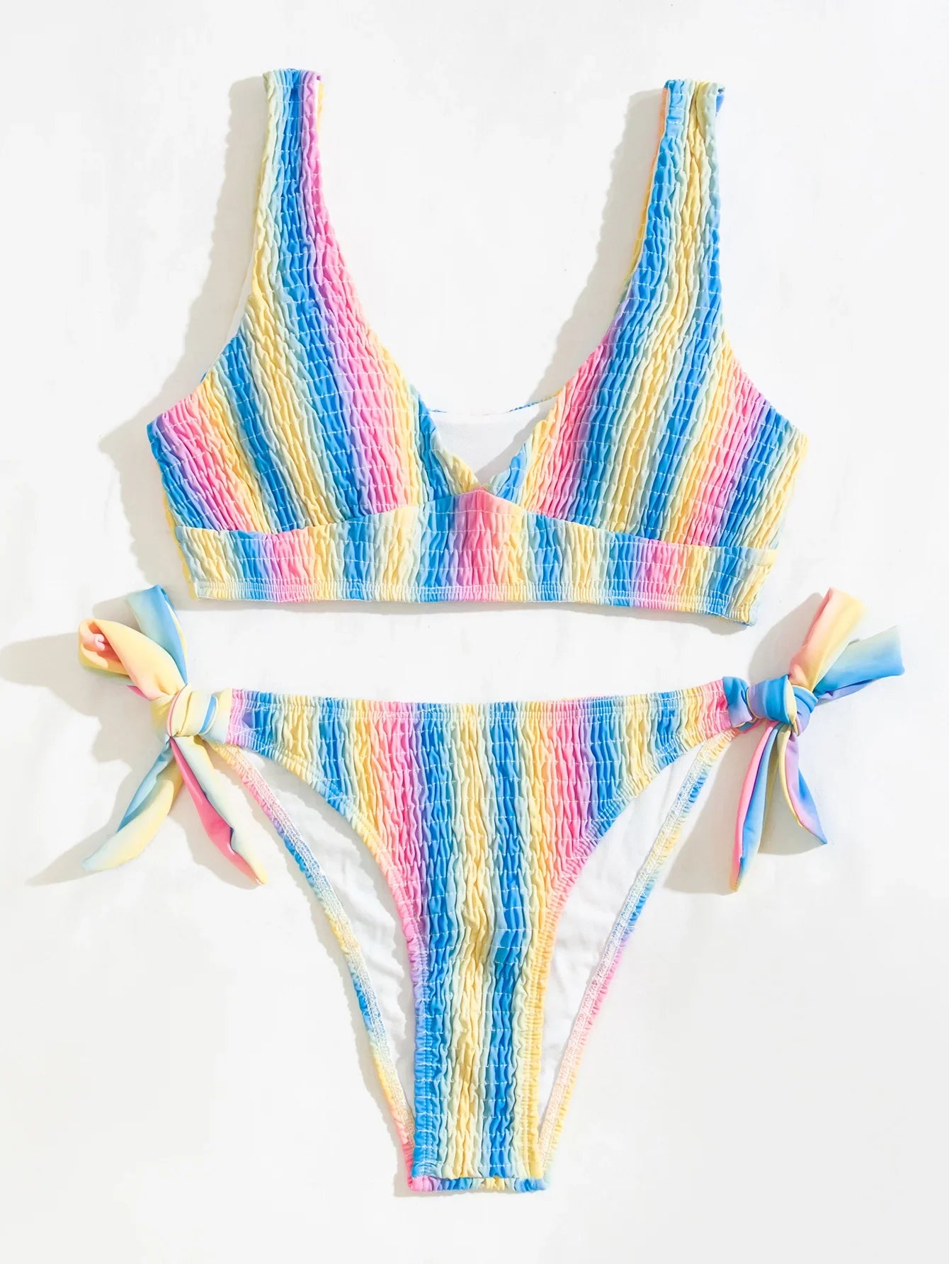2026 New Sexy Bikini Women Rainbow Stripe Pleated Swimwear Swimsuit Knotted Bikinis Set Bathing Suit Beach Bikini Female Push Up