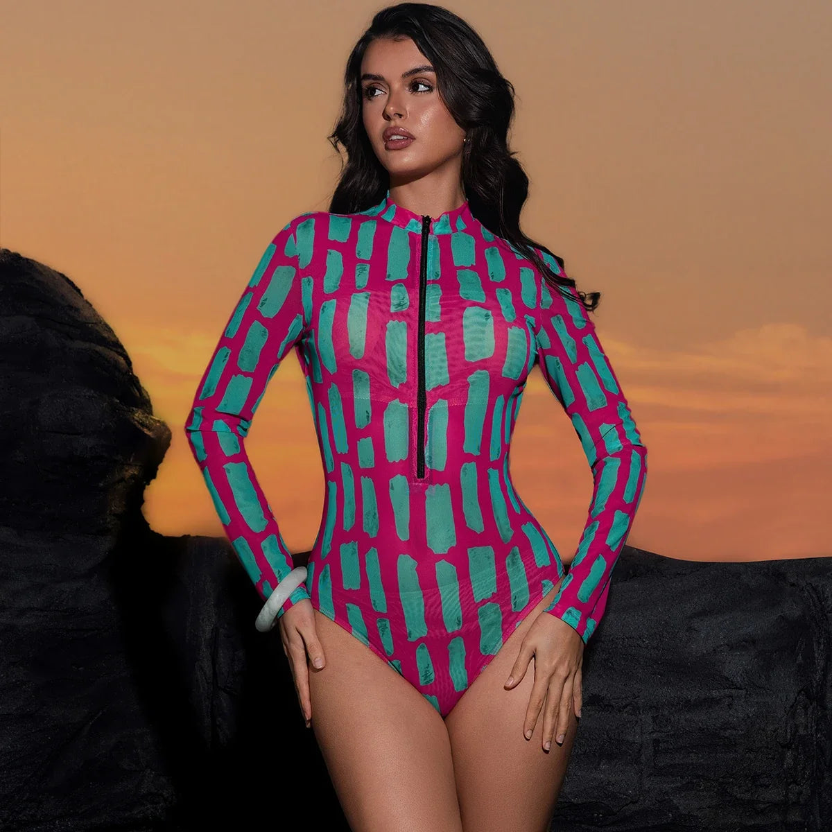 Sexy Mesh Swimsuit 2026 Tren Fashion High Waist Surfing Belly Control Swimwear 2pcs Outfits Long Sleeve Top Long Pant Cover Up