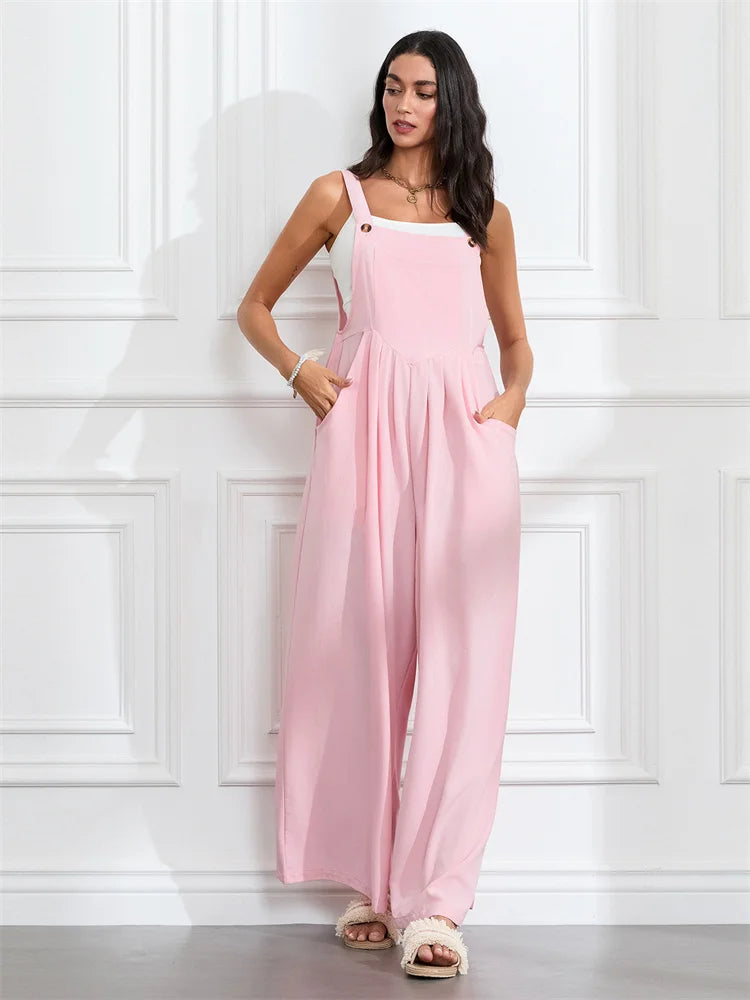 Women Fashion Jumpsuits Sleeveless Buttons Suspender Wide Leg Pant Overalls with Pockets Casual Loose Romper Streetwear