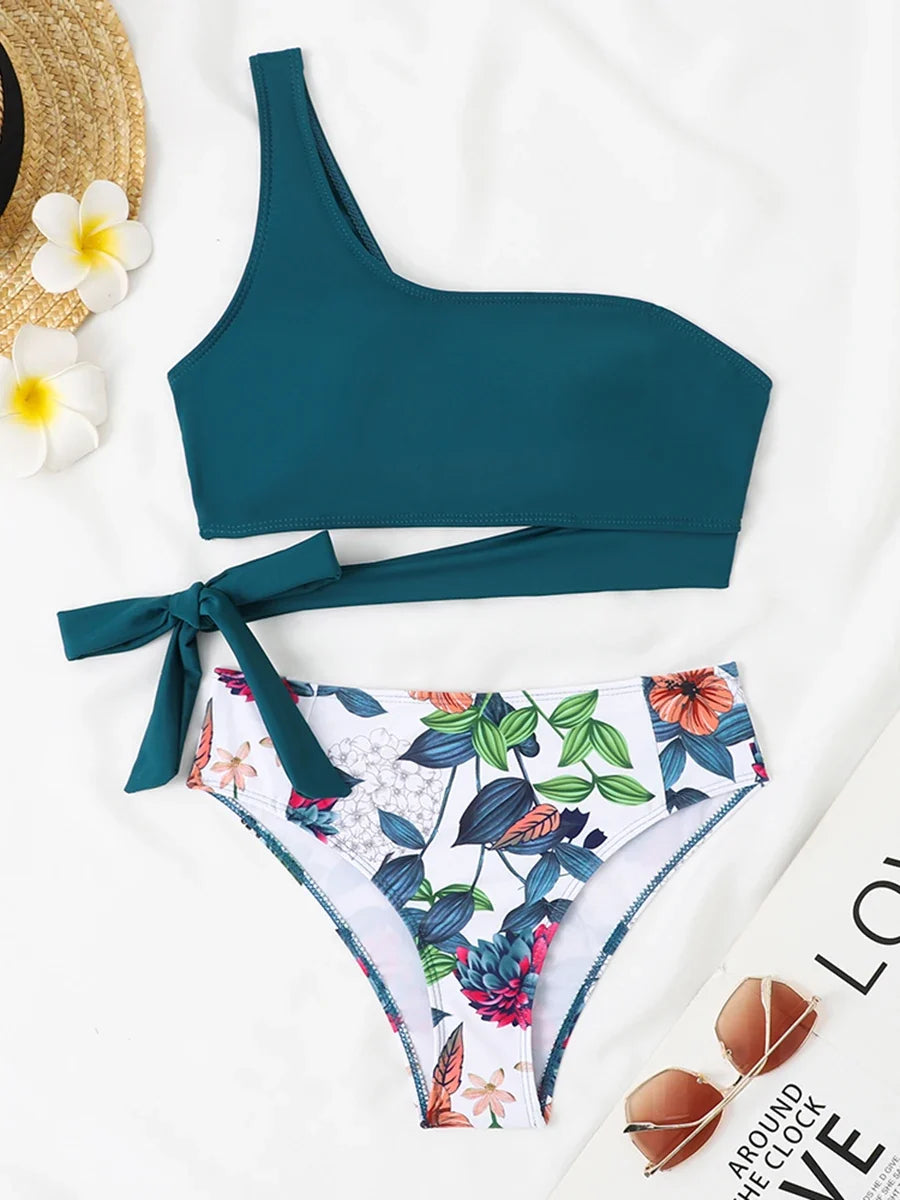 One Shoulder Bikini Set Sexy 2025 Swimsuit Women Solid Padded Swimwear Female Bathers Bathing Swimming Swim Suit Beachwear