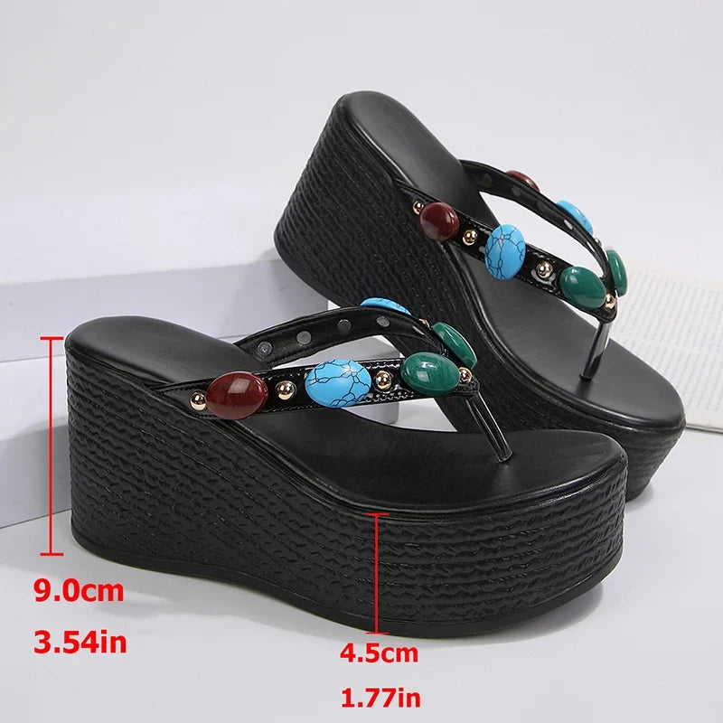Luxury Gem Chunky Platform Flip Flops Women 2026 Summer Clip Toe Wedge Heel Sandals Woman Plus Size 43 Thick Sole Beach Slippers
