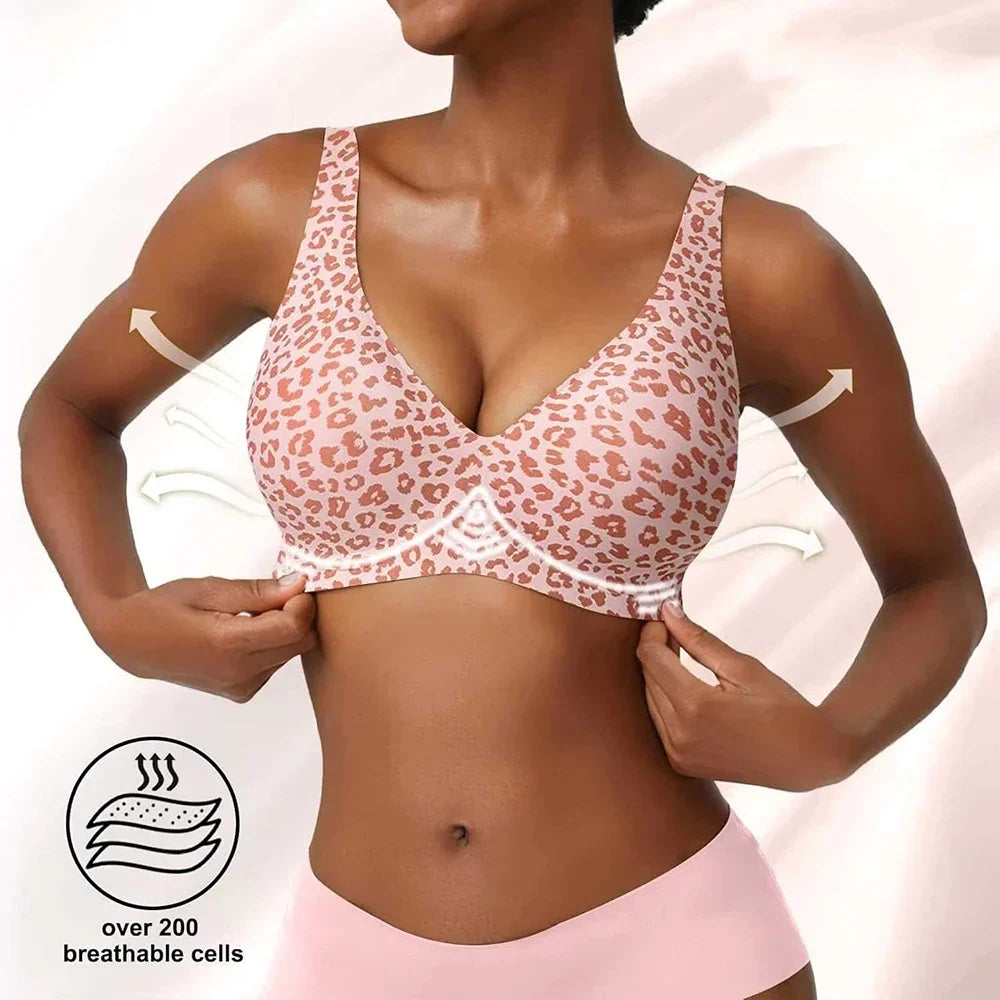 Pink Leopard Deep V Jelly Bras Wireless Comfortable Bra Supportive No Underwire Bras Tshirt Push Up Bralette Plunge Seamless Bra