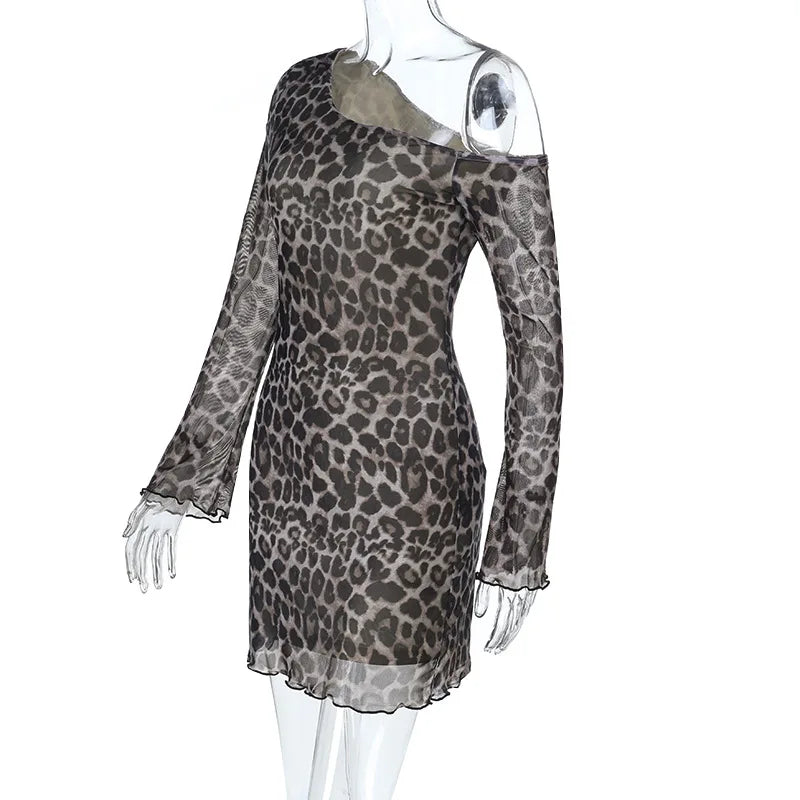 Spring Summer Off-Shoulder Sexy Leopard Print Long-Sleeve Dress European-Style Casual Backless Bell-Sleeve Mini Skirt Streetwear