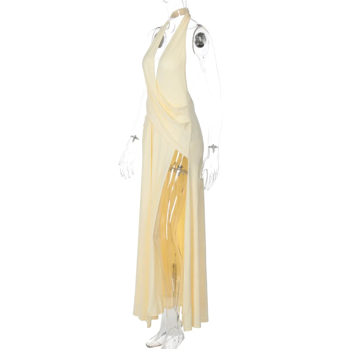FDYOUI 2026 Summer Deep V-neck Hollow Out Long Maxi Evening Dress Women Chic Backless High Slit Ruched Solid Party Club Dresses