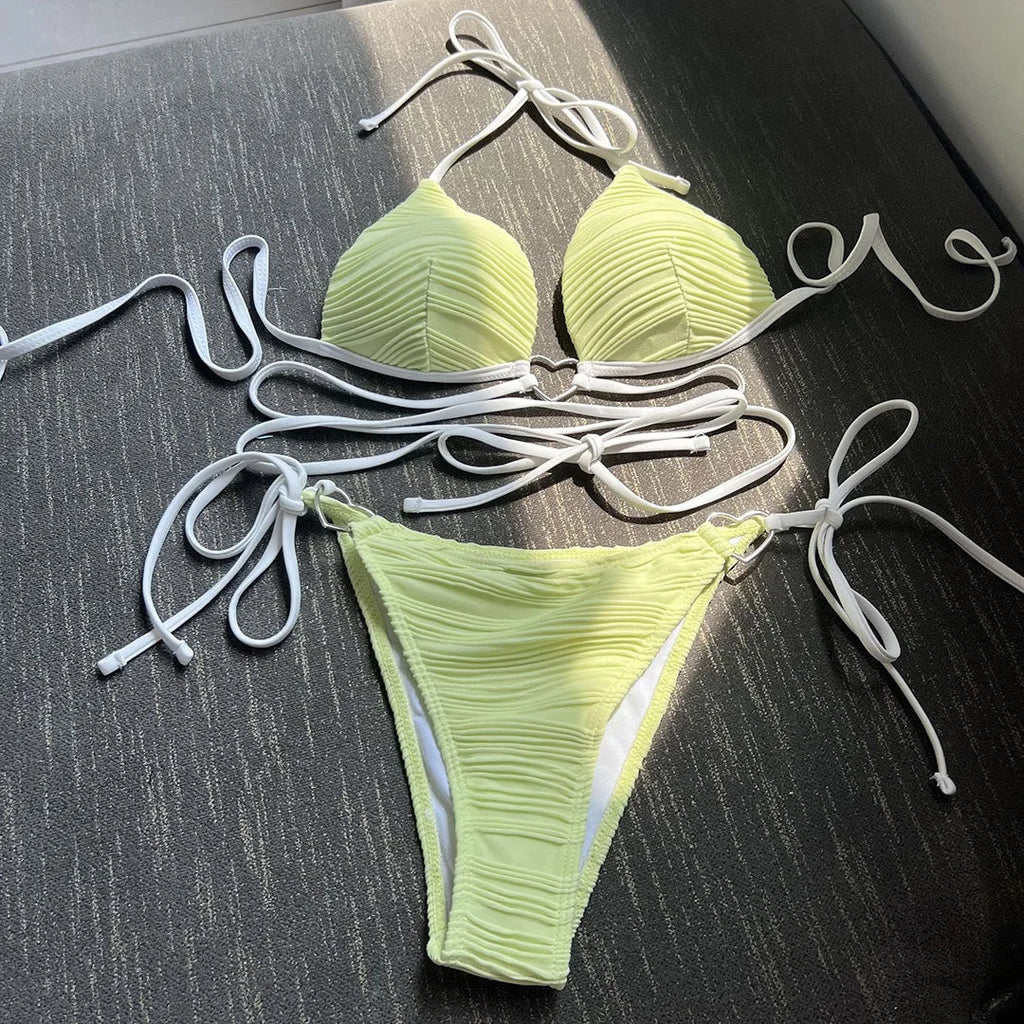 New Wrap Around Halter Wrinkled Bikini Women Swimwear Female Swimsuit Two-Pieces Bikini Set Bather Bathing Suit Swim Lady V4081