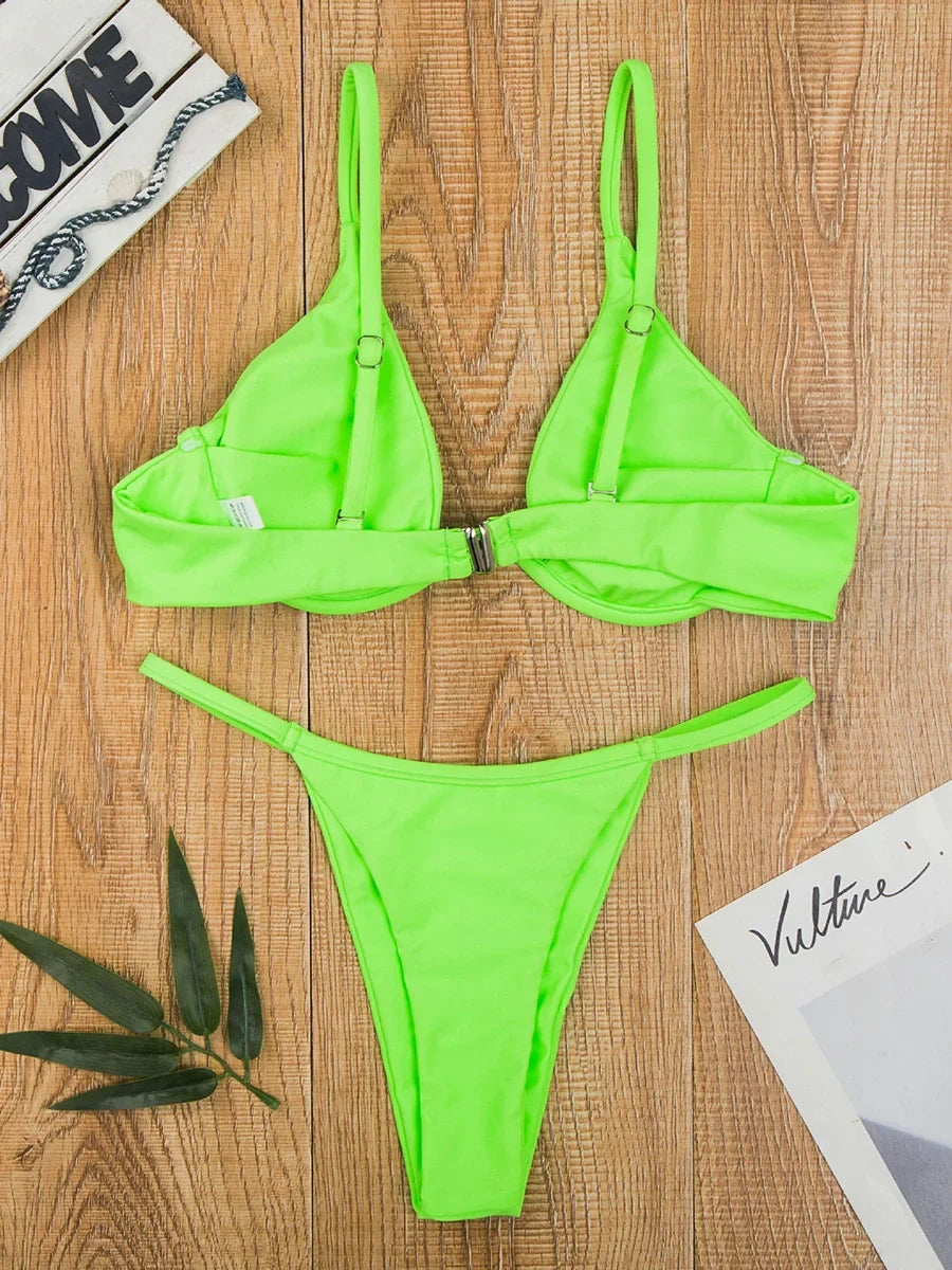 Sexy Push Up Underwired V-bar Bikini Women Swimsuit Female Swimwear Two-pieces Bikini set Micro Thong Bathing Suit Swim Lady