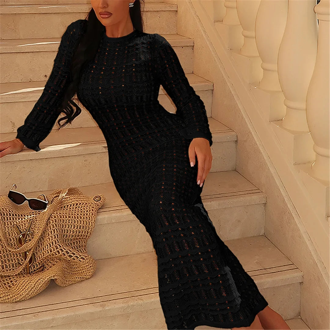 2025 Hollow Out Long Sleeve Backless Knitted Tunic Beach Cover Up Cover-ups Beach Dress Beach Wear Beachwear Female Women K6597