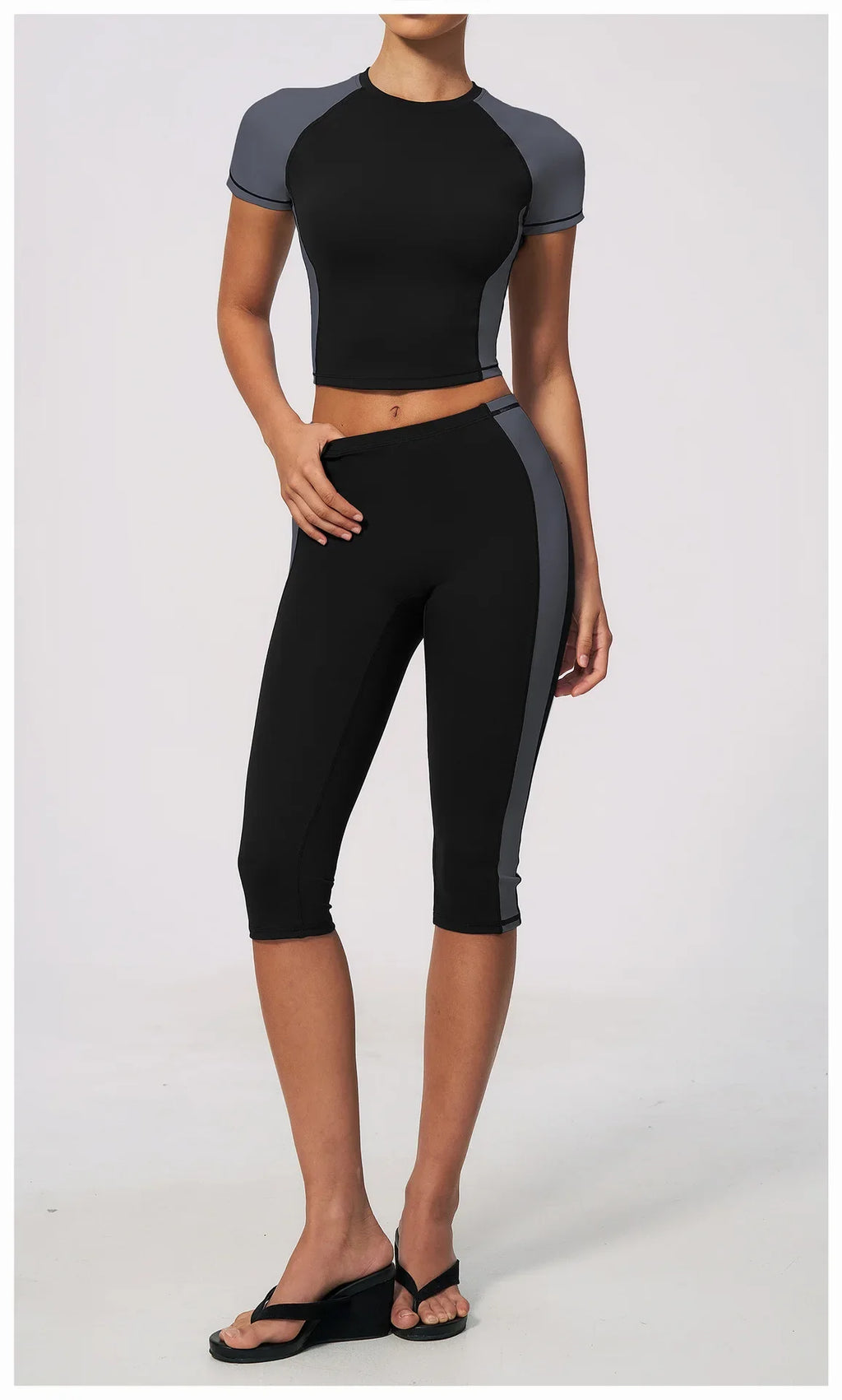 Color Blocking 2PCS Yoga Set Women's Tracksuit Short Sleeve O Neck Sports T Shirts High Waist Cropped Pants Tight Fitness Suits