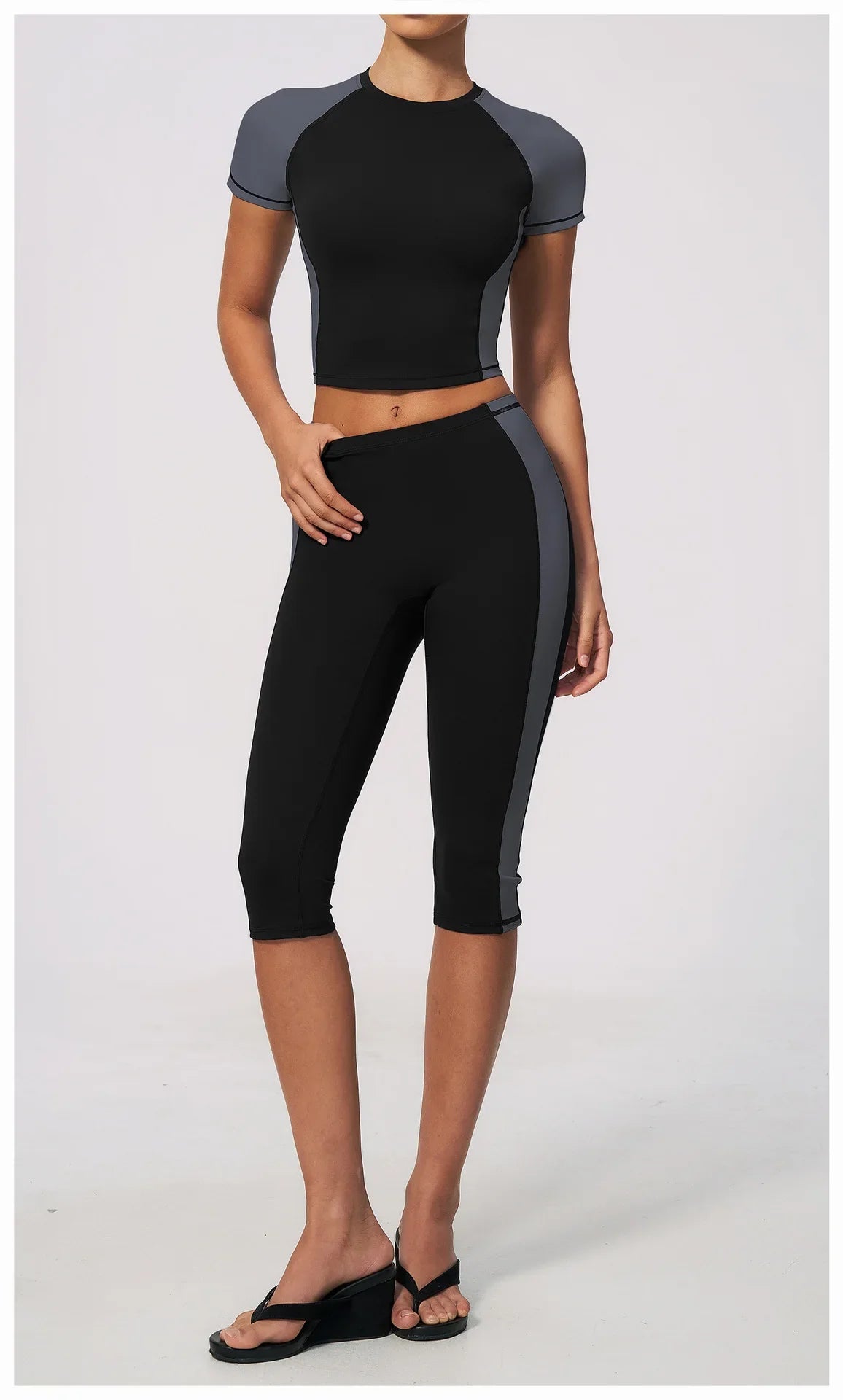 Color Blocking 2PCS Yoga Set Women's Tracksuit Short Sleeve O Neck Sports T Shirts High Waist Cropped Pants Tight Fitness Suits