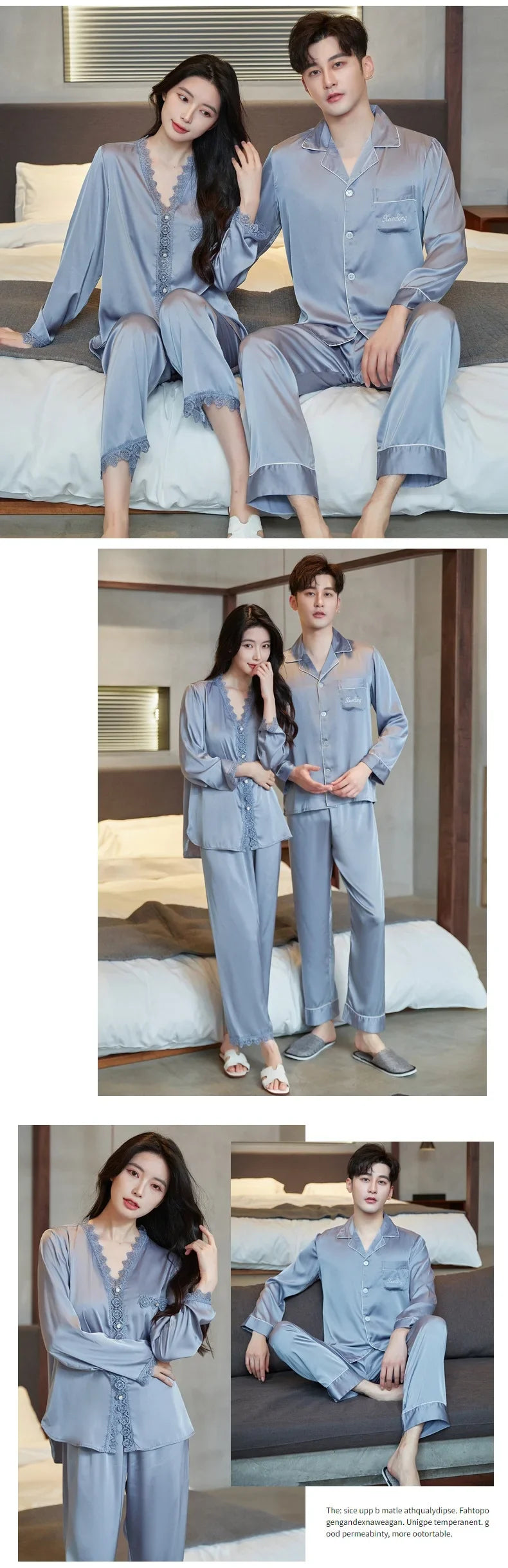 Spring and summer ice silk pajamas sexy lace long-sleeved cardigan home wear set