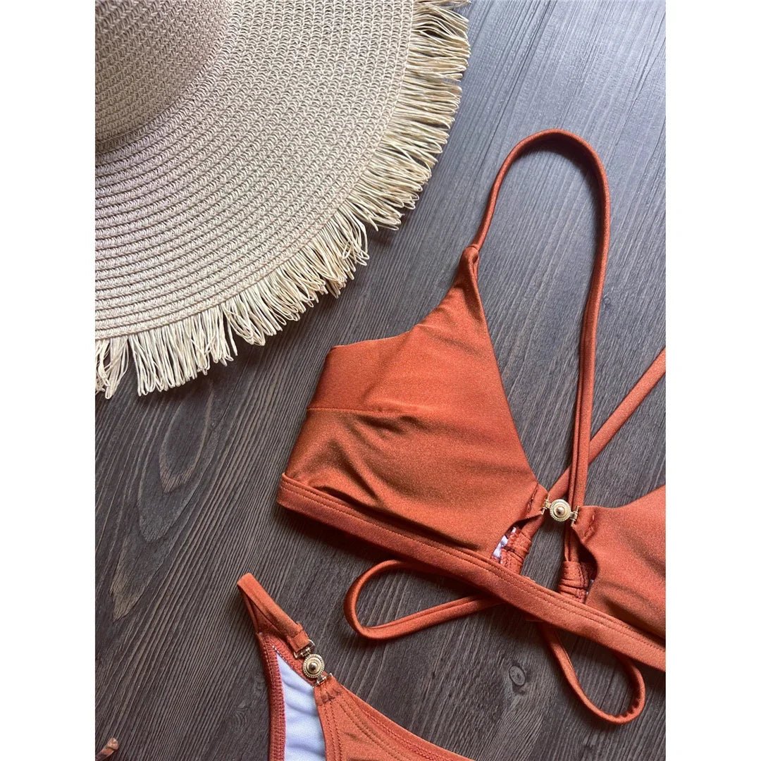 7 Colors New Cross Back Bikini Female Swimsuit Women Swimwear Two-pieces Bikini set High Leg Cut Bather Bathing Suit Swim V8252