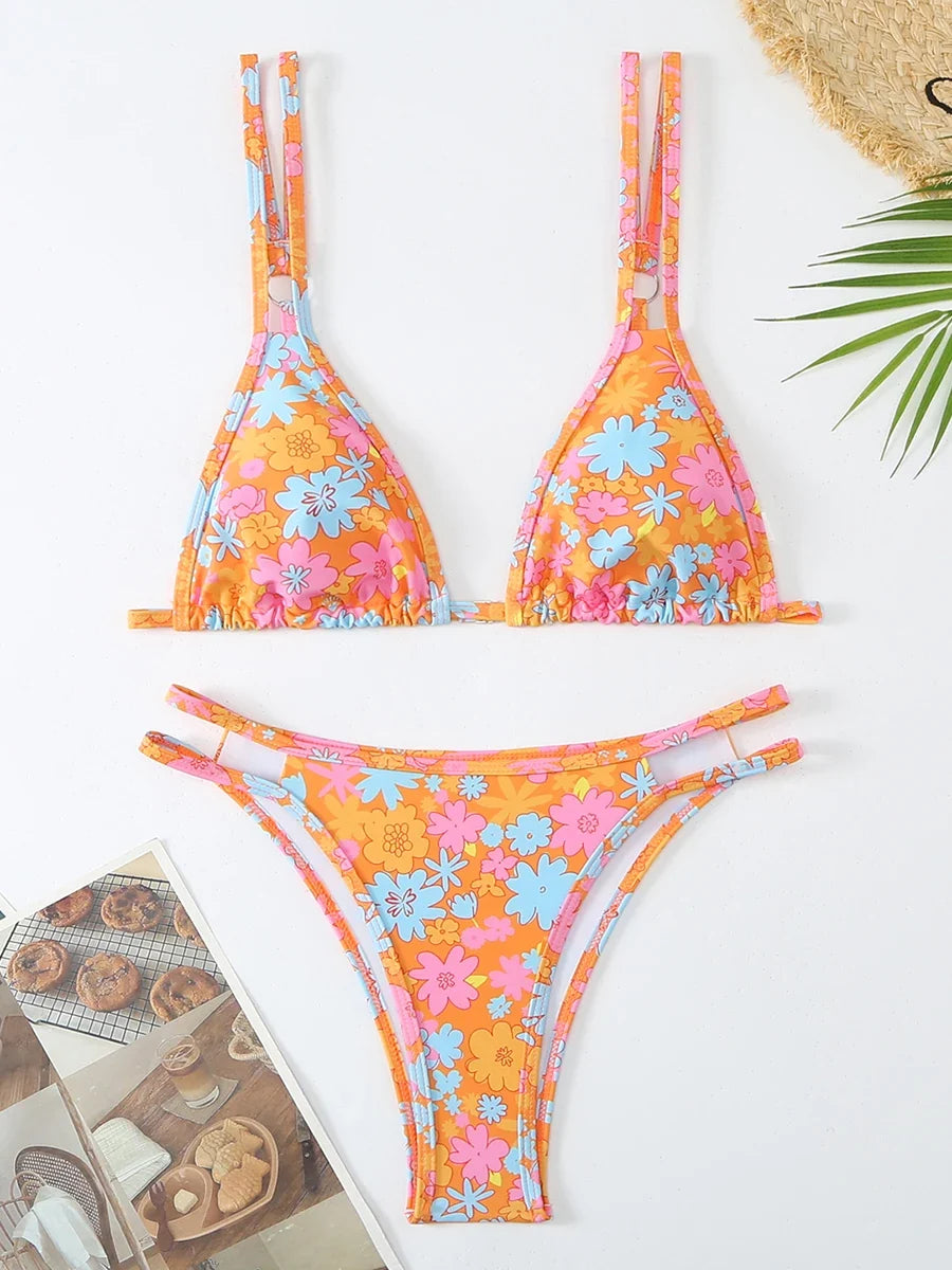 2025 Strappy Bikini Brazilian Printed Swimsuit Women Sexy Padded Swimwear Female Bathers Bathing Swimming Swim Suit Beachwear