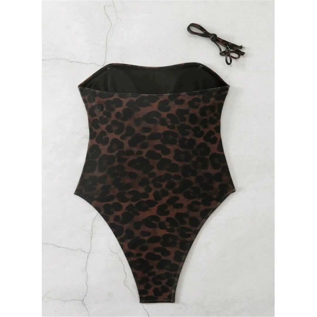 S - XL New Leopard Printed Bandeau Women Swimwear One Piece Swimsuit Female High Leg Cut Monokini Bather Bathing Suit Swim V8051