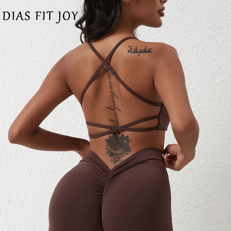 DIAS FIT JOY New style cross back yoga bra Plus Size removable chest cushion sexy back sports vest fitness running gym