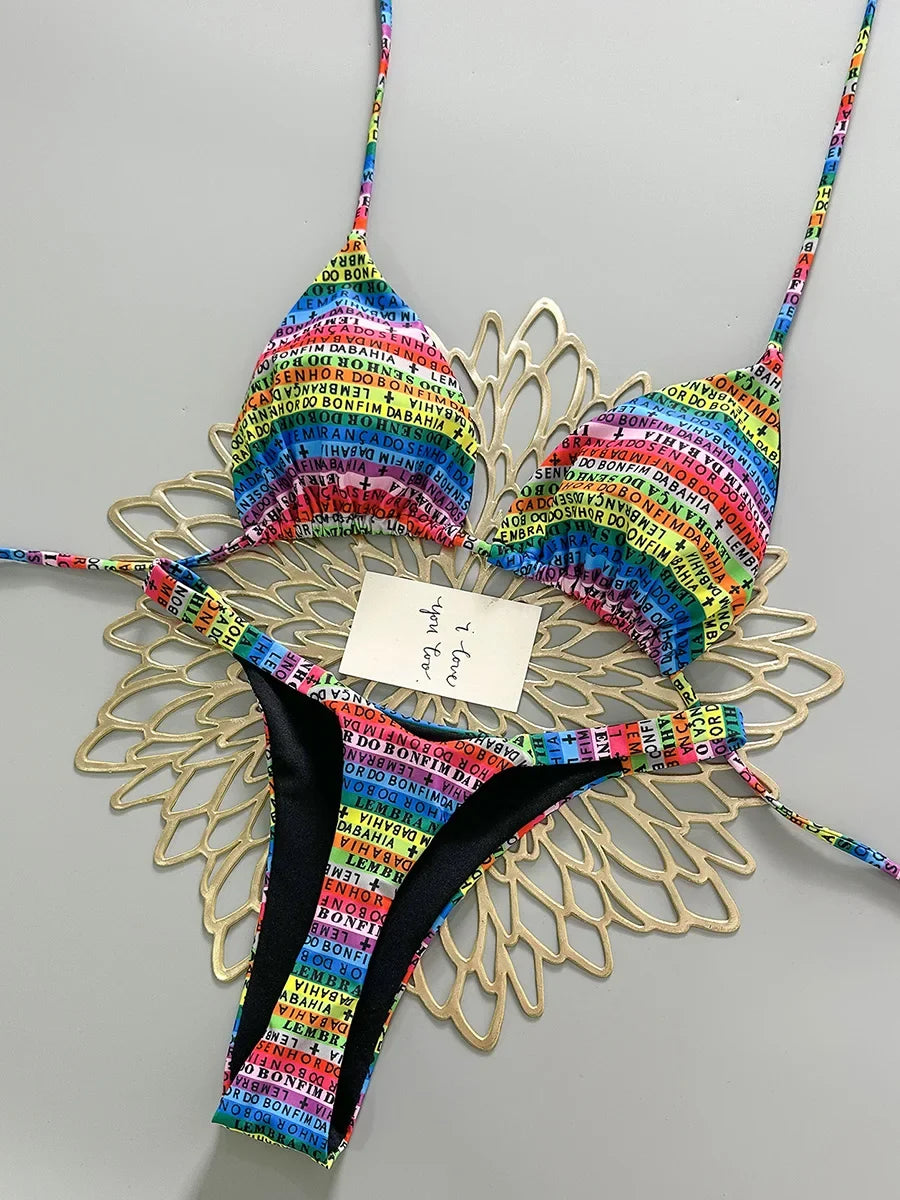 2026 Letters Print Colorful Micro Mini Thong Bikini Women Swimwear Female Swimsuit Two-pieces Bikini Set Bathing Suit Swim Lady