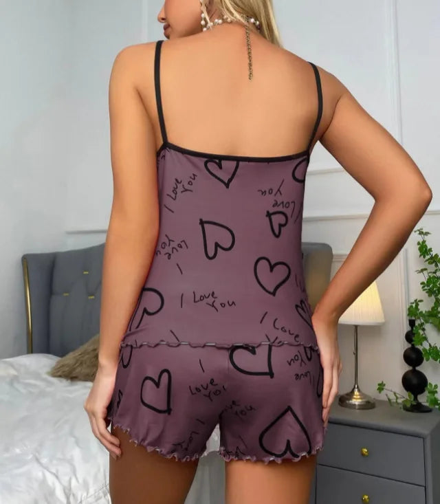 Sexy Summer Women Pajamas Set  Heart Print Sleepwear Cotton Home Clothes Tops And Shorts Cute Soft Sleeveless Nightwear XXXL