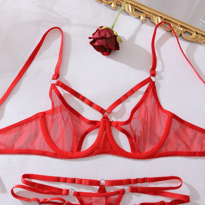 Toucheart Sexy Mesh Lingerie Split Kit with Gloves Steel Ring Laceup Patchwork Skinny See-through Hollow Interesting Private Set