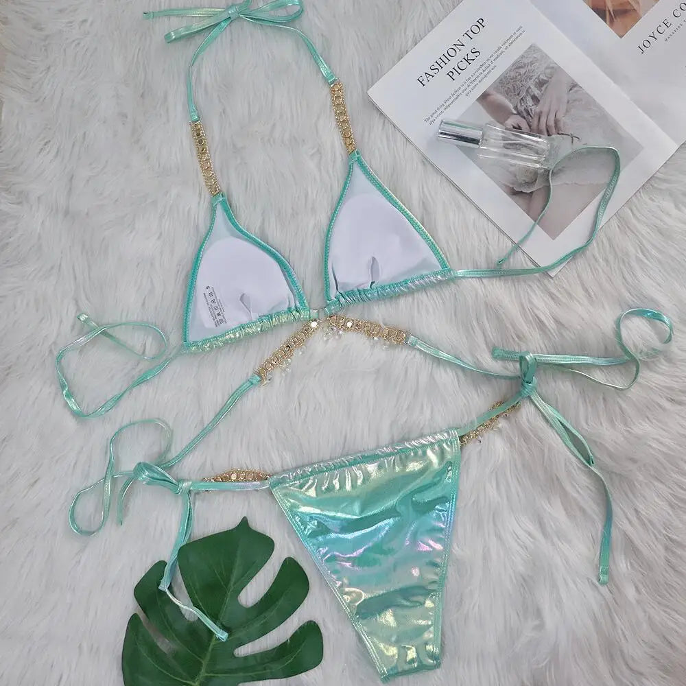 DEKA Shiny Diamond Chain Bikinis Set Mujer Two Pieces Crystal diamond Swimsuit Women Thong Swimwear Sexy Halter Swimsuit