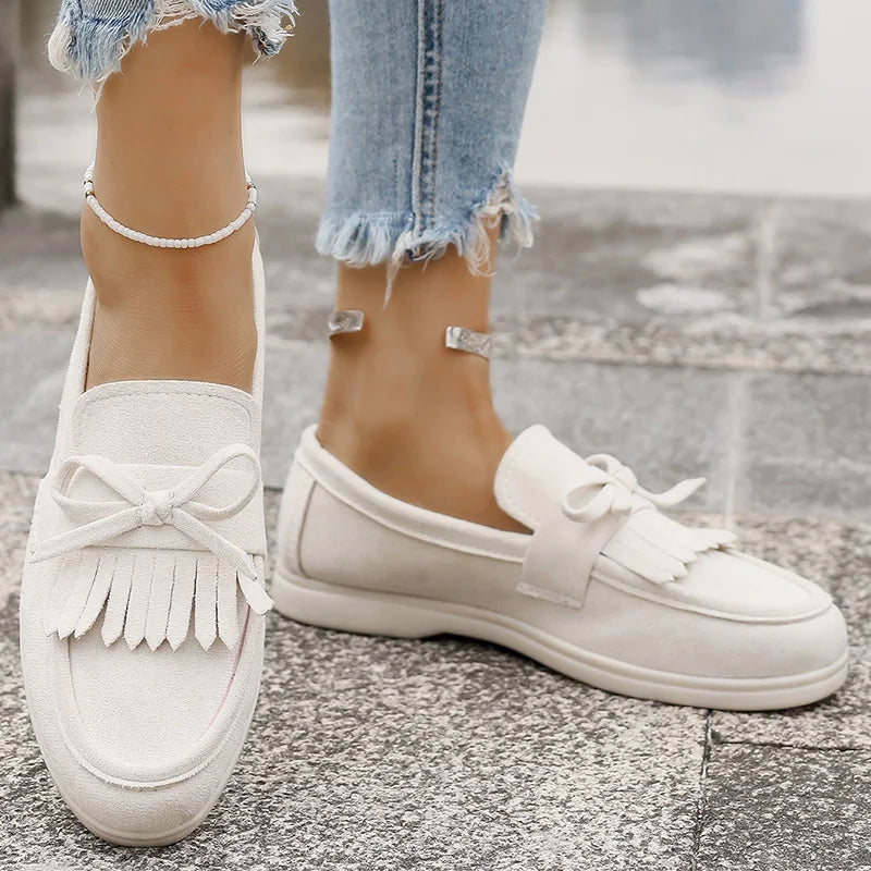 Retro Tassel Bowknot Flats Shoes Women Solid Color Faux Suede Flat Shoes Woman Wear Resistant Plus Size 36-43 Casual Shoes Lady