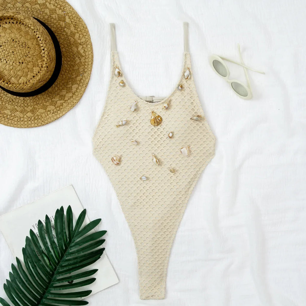 DEKA One Piece Swimsuit New style women's beach one-piece backless cross-border European-style beachwear with shell mesh bikini