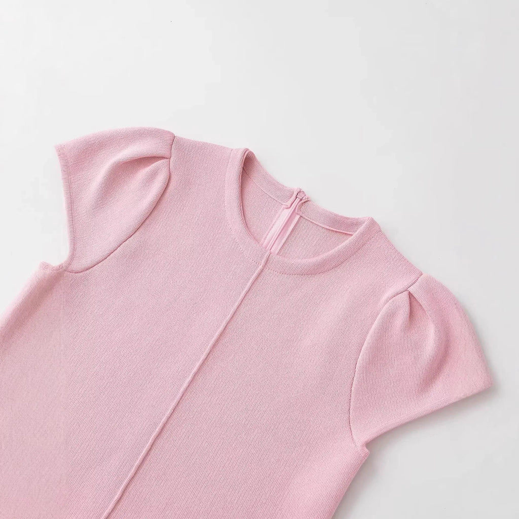 Women's Fashion Casual Puff Sleeve Casual Top Pink Puff Sleeve Knit Top Round Neck Ribbed Back Zipper Casual Style T-Shirt 60BW