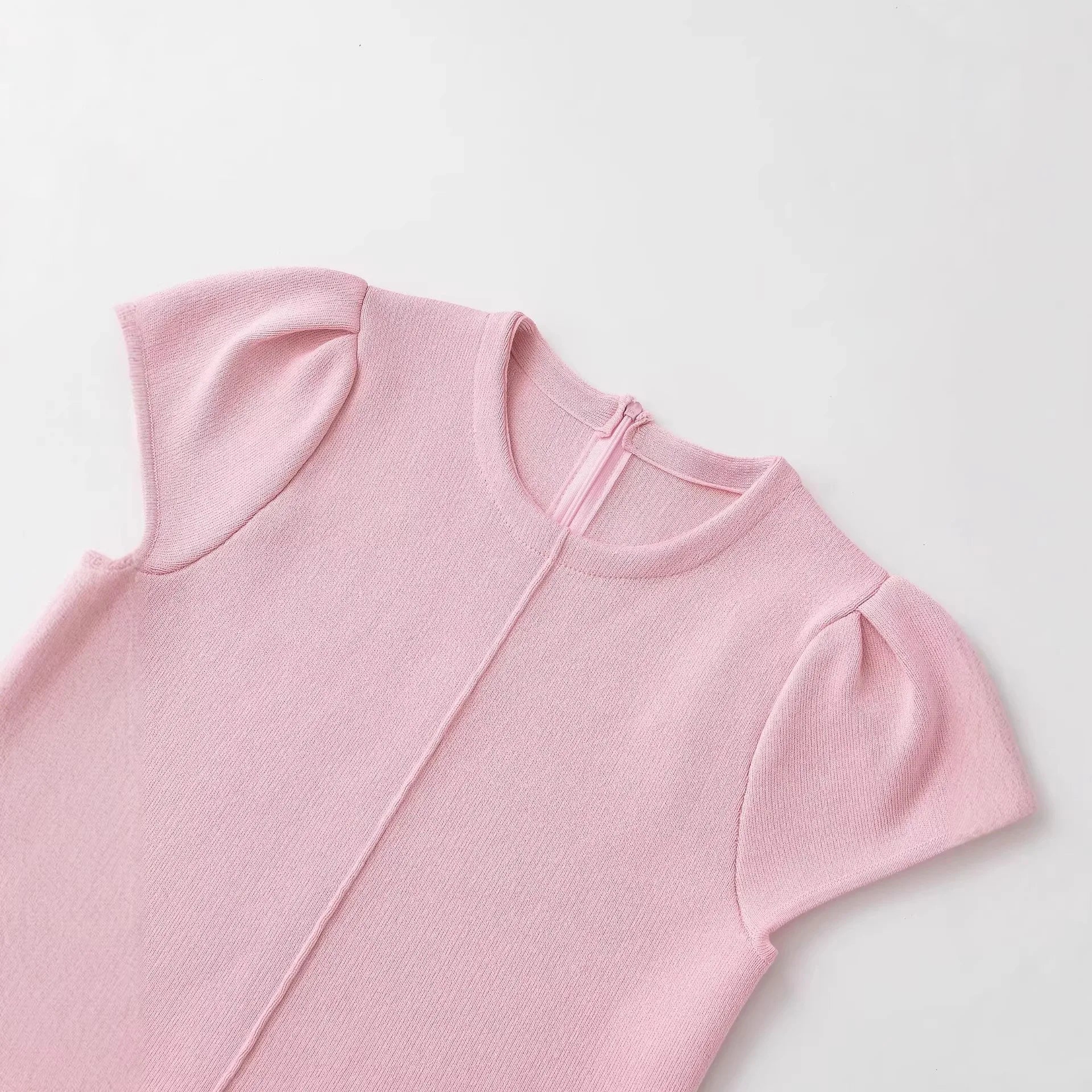 Women's Fashion Casual Puff Sleeve Casual Top Pink Puff Sleeve Knit Top Round Neck Ribbed Back Zipper Casual Style T-Shirt 60BW