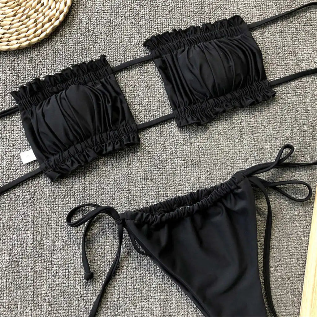Sexy Pink Bandeau Frilled Bikini Swimsuit Female Swimwear Women Two-Pieces Bikini Set Bather Padded Bathing Suit Swim V1242B
