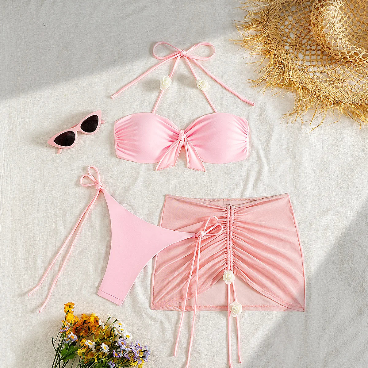 3D flower front tie pink bikinis sets 3pcs with drawstring mesh mini skirt swimsuits bathing suit beach outfits biquini tankini