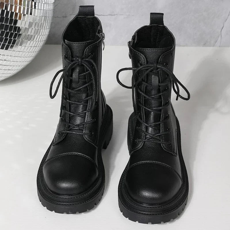 2025 Fashion Leather Lace-Up Ankle Boots for Women Wear-Resistant Zip Platform Woman Bootie Round Toe Zip Women's Boots