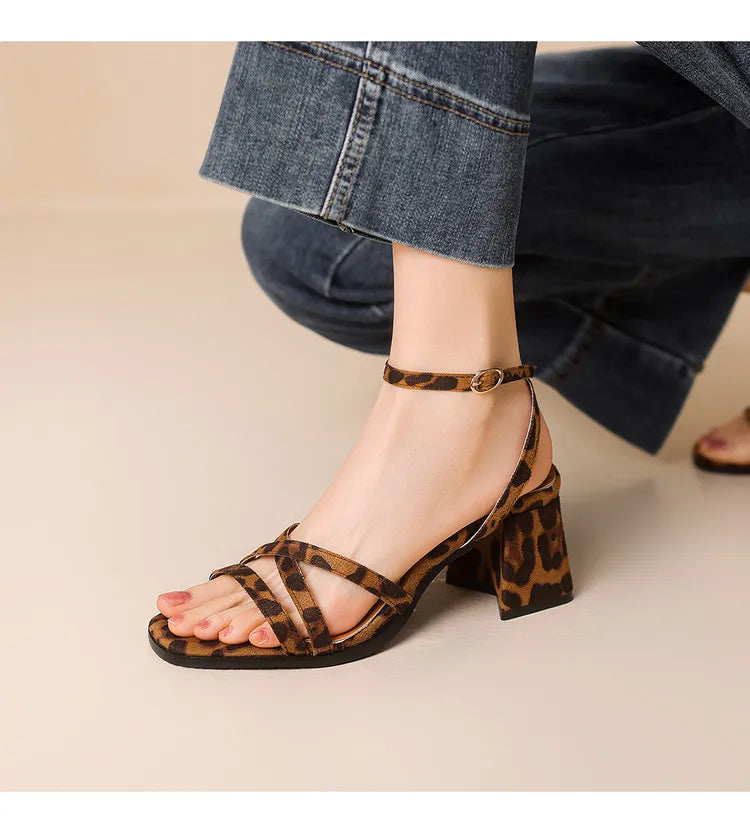 2025 Hot Sale Women's Shoes Open Toe Women's Sandals Fashion Leopard Print Office and Career New Plus Size Heeled Sandalszapatos