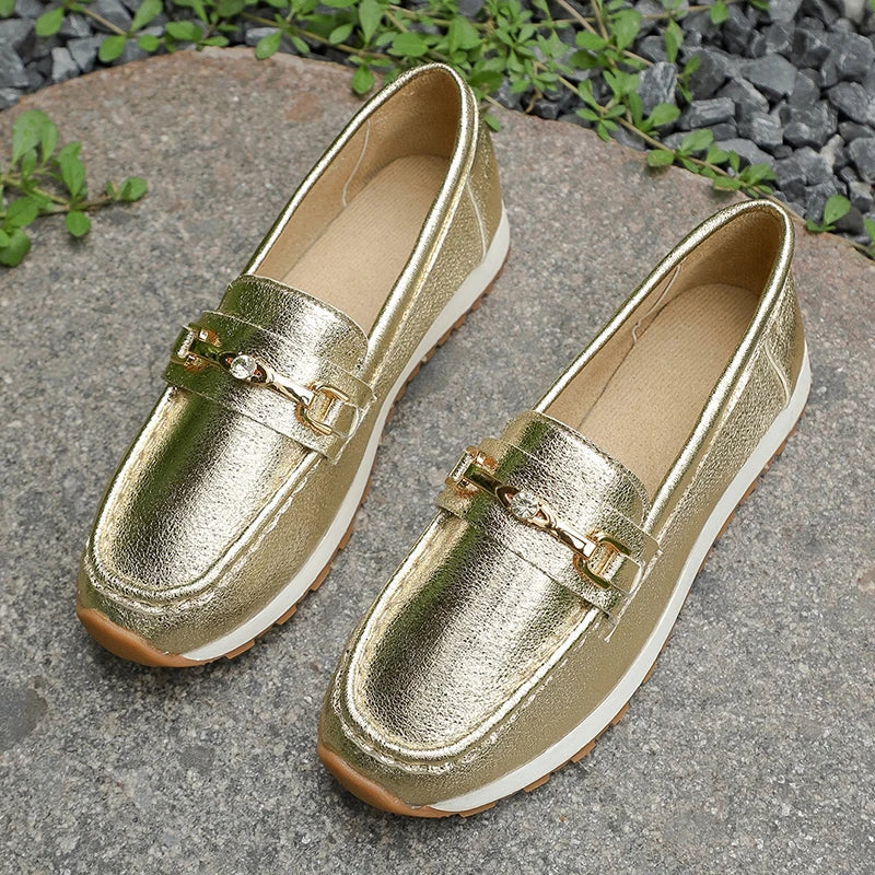 Gold Silver Metal Chain Flats Shoes Women Spring Autumn Plus Size Platform Loafers Woman Slip On Soft Bottom Casual Shoes Female